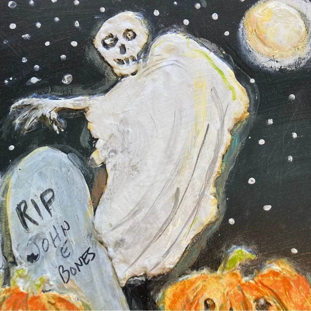 Graveyard Pumpkins ” acrylic &  Paper Clay Handmade Original 12”x12”onWood Panel